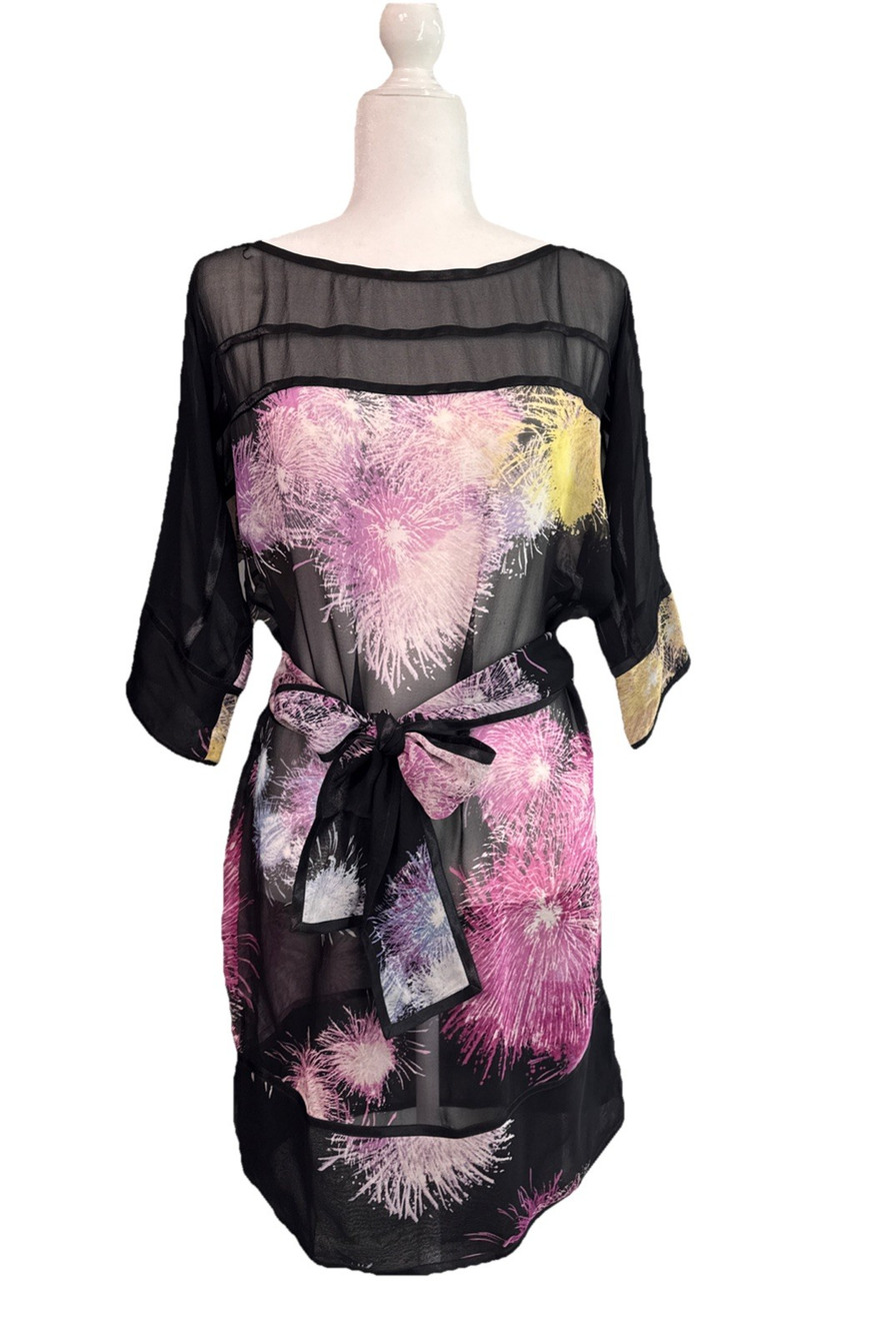 Diane Von Furstenberg Dress Womens 2 Black Silk Sheer Belted Boat Neck Dolman